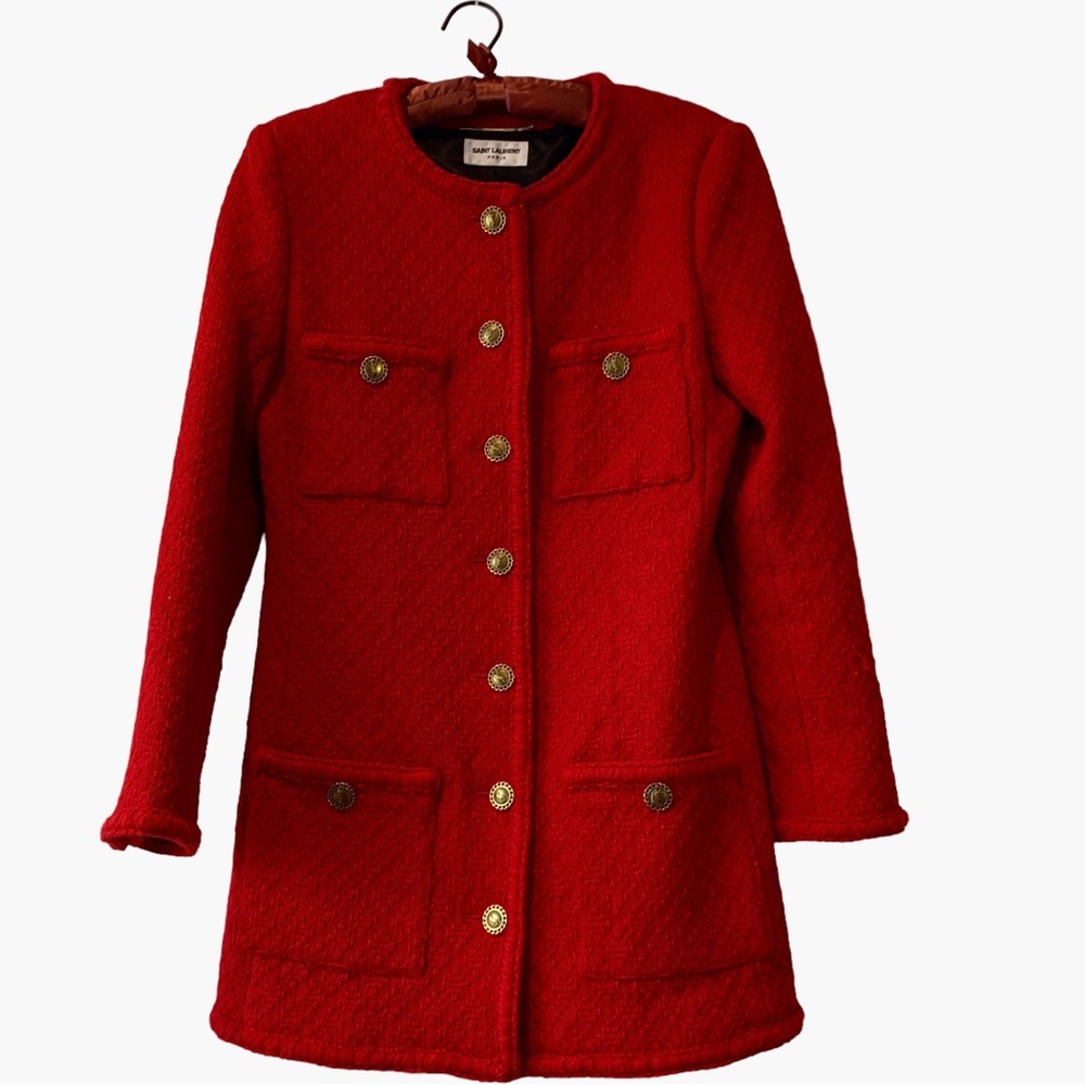 SAINT LAURENT PARIS DIAMOND EMBOSSED WOOL TWEED BLAZER JACKET RED - Picture 15 of 16